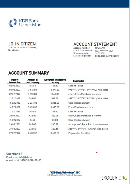Modèle de relevé bancaire KDB d'Ouzbékistan au format Word et PDF